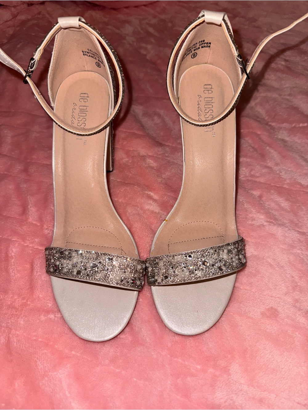 De Blossom Collection Beige Crystal Strap Ankle‑Strap Heels